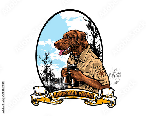 Tableau sur toile Rhodesian ridgeback dog wearing safari gear with binoculars