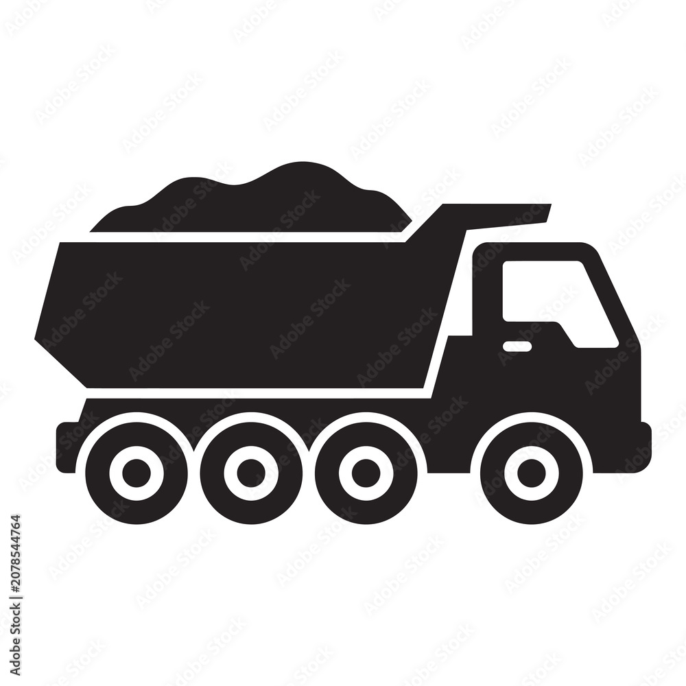 Fototapeta premium Large black dump truck carrying soil on white background icon