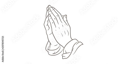 Outlined hands in prayer position on white background isolated illustration