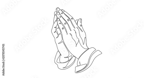 Outlined hands in prayer position on white background minimalist design