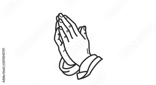 Outlined praying hands illustration on white background symbolizing faith