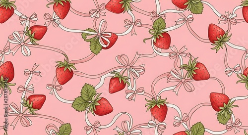 Cute Strawberry Pattern on Pink Background for Fabric and Design.