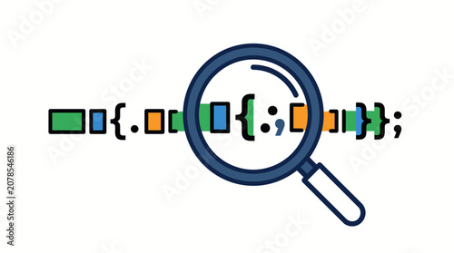 Schilderij op canvas Magnifying glass inspecting colorful computer programming code syntax and softwa