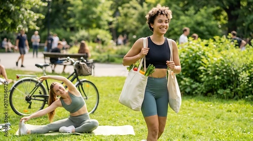 Active people enjoying a sunny day outdoors with sports and leisure activities