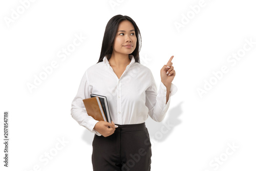 Woman smiles, pointing at her notebook, PNG