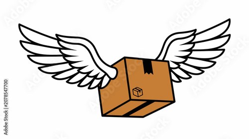 Bild auf Leinwand A brown cardboard delivery box flying in the air with large white bird wings att
