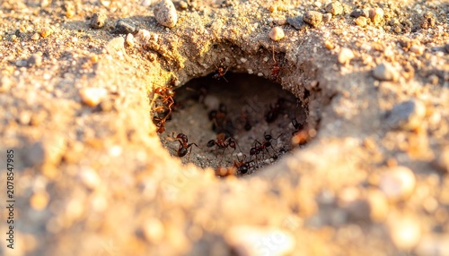 Close-up View of a Small Ant Colony Entrance in Dry Sandy Soil Ground