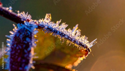 Extreme Close-up of Delicate Frost Crystals Formed on a Leaf Edge During a Cold Autumn Morning with Warm Golden Hour Sunlight