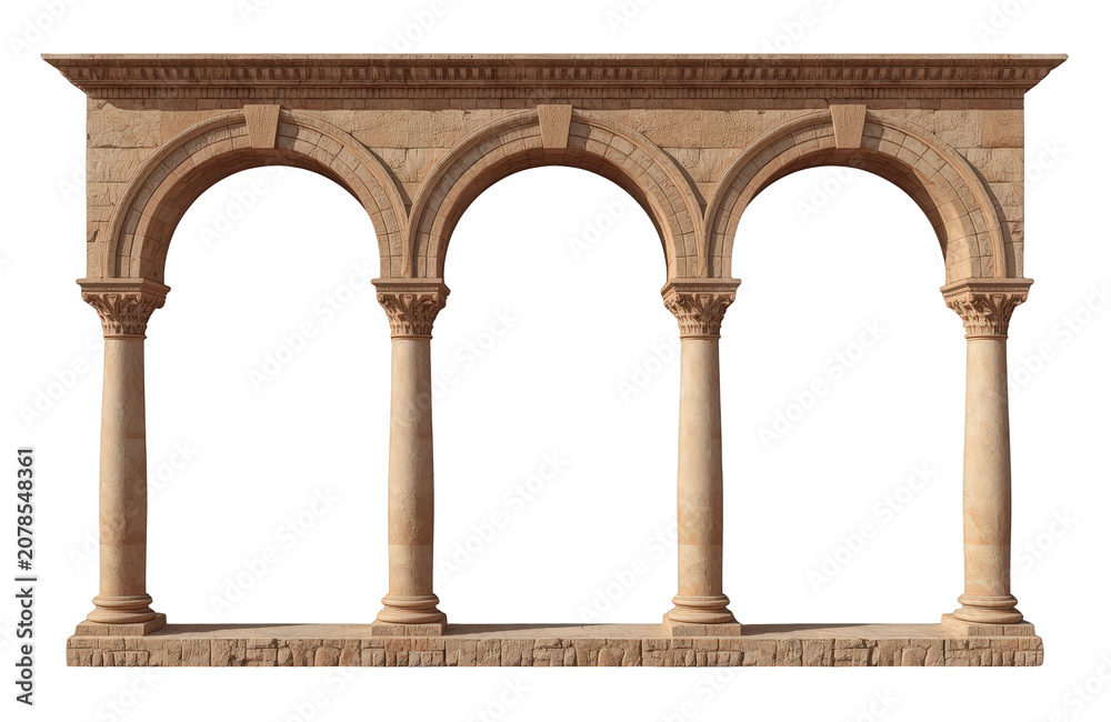 Fototapeta premium Ancient stone arcade featuring three arches and columns, designed in a classical architectural style. Transparent background