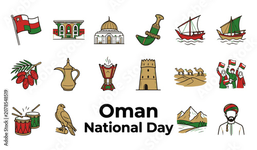 Oman National Day Vector Icon Set with Traditional Symbols and Landmarks
