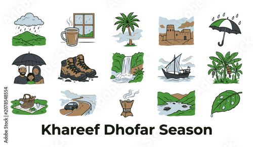 Hand Drawn Vector Icon Set for Khareef Dhofar Season with Nature and Culture Elements