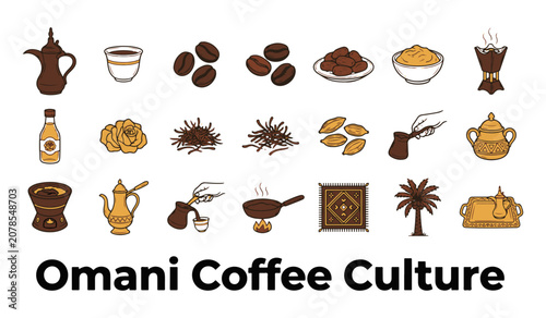 Omani Coffee Culture Icon Set. Flat Line Art Vector Illustration with Traditional Elements.