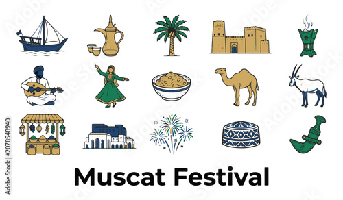 Muscat Festival Icons Set Vector Illustration. Omani Cultural Symbols Collection