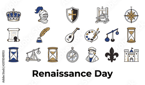 Renaissance Day Vector Icon Set with Hand Drawn Historical Symbols and Text