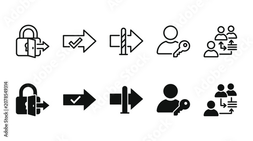 Network security and administrative user permission icons for system access control with security permission business