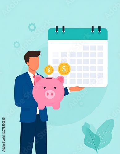 A man in a blue suit holds a pink piggy bank and a calendar
