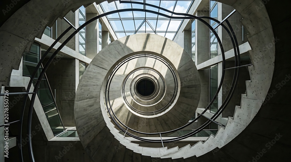 Fototapeta premium Spiral staircase with glass ceiling and modern design.