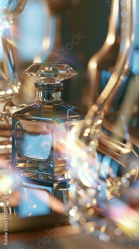 Luxury perfume bottle with warm golden reflections and sparkling bokeh, perfect for beauty branding, fragrance advertising, cosmetics, fashion and elegant lifestyle.