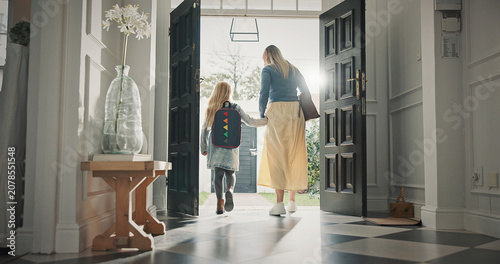 Canvas Print Mom, leaving and girl in home with backpack, support and back to school for education