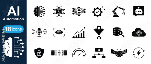 Set of solid fill AI Technology and Automation icons set .representing machine learning and digital processes.