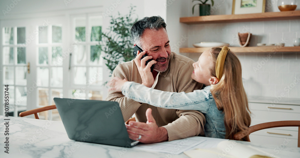 Obraz premium Businessman, hug and phone call with daughter in home dining room for love or remote work. Conversation, freelance and girl child embracing single parent in apartment for connection or security