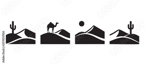 Photos Black Silhouette Vector Set of Desert Camel, Cactus and Sand Dune Landscape
