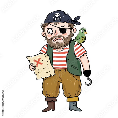 Картината върху платно Sad pirate holding a treasure map with a parrot on his shoulder and a hook hand