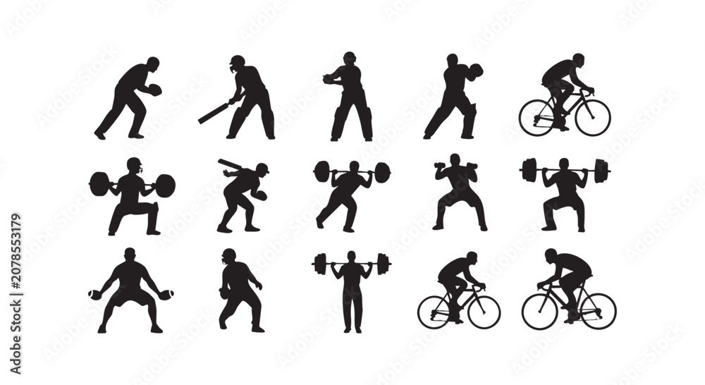 Fototapeta premium Sport men black silhouette. collection of sports figures including cricket, weightlifting, and cycling on white background.
