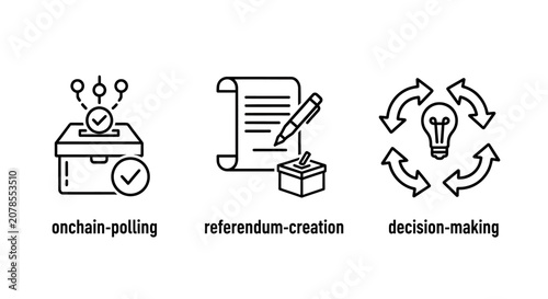 Onchain polling and referendum creation decision icons with referendum blockchain decision governance proposal creation consensus contract decentralized technology cryptocurrency agreement