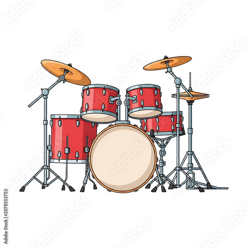 Red Drum Kit Musical Instrument Set On Isolated White Background Professional Percussion Equipment