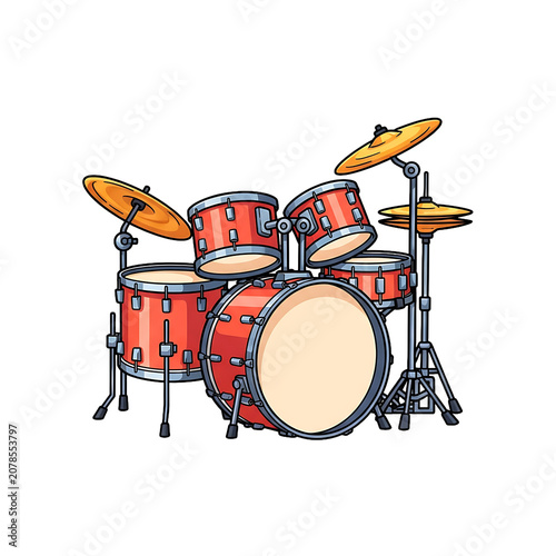 Red Drum Kit With Cymbals Set On White Background Digital Illustration