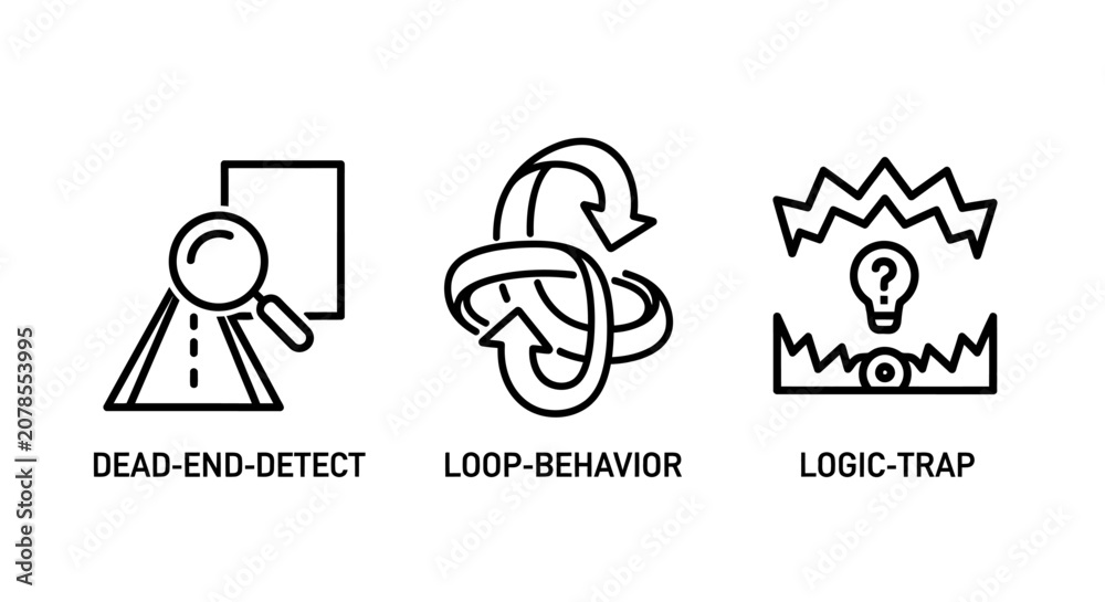 Fototapeta premium Set of line icons representing system monitoring concepts like dead end detect behavior logic trap with behavior monitoring development debugging algorithm software analysis troubleshooting