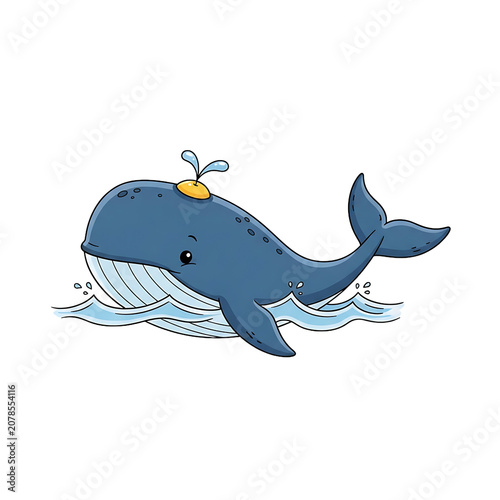 Cute Blue Cartoon Whale Swimming In Ocean Waves Isolated On A Simple White Background Flat Illustration