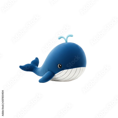 Cute Blue Whale Plush Toy Isolated On White Background With Smooth Texture And Water Spout Element
