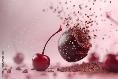 Exploding chocolate cherry with cocoa dust on soft pink background