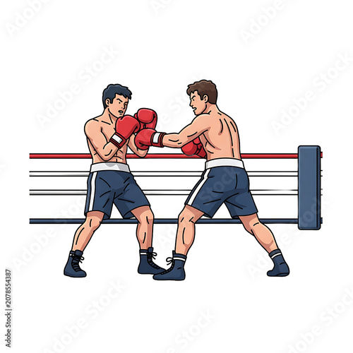 Two Shirtless Men Boxing In A Professional Ring Wearing Red Gloves And Blue Shorts Isolated On White