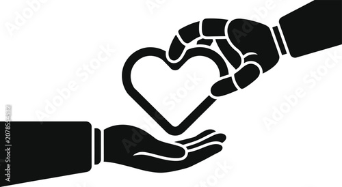 Robot Hand Giving Heart to Human Hand Vector Illustration - Minimalist Black Silhouette Icon of AI Empathy, Love, and Technology Integration