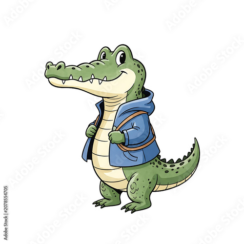 Cute Cartoon Crocodile Character In Blue Hoodie Standing On Isolated Transparent White Background