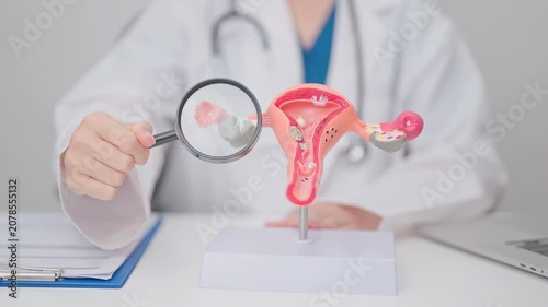 Doctor with Uterus and Ovaries anatomy model. Ovarian and Cervical cancer, Cervix disorder, Endometriosis, Hysterectomy, Uterine fibroids, Reproductive system, Pregnancy and health concept