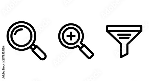 Search magnifying glass and data filtering icons set with magnifying discovery research exploration analysis interface magnification magnifier navigation selection criterion categorization