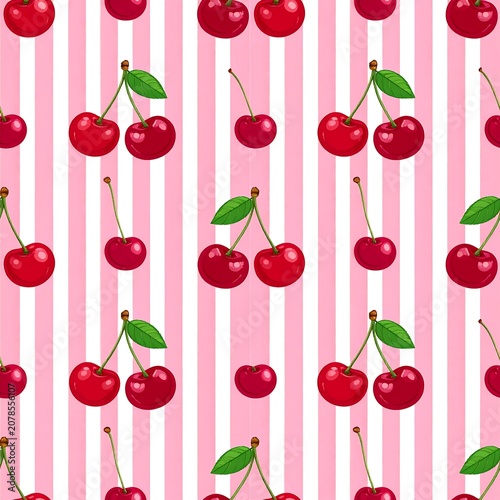 A repeating pattern of red cherries with green leaves on pink and white stripes