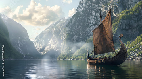 Majestic viking ship sails through serene fjord surrounded by mountainous landscape