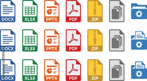 Colorful set of flat computer file format icons for digital documents presented on transparent background