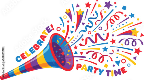 Photos Colorful party popper horn confetti burst vector illustration for celebrate and