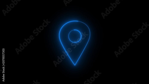 Glowing blue neon location pin marker icon animation. Solid line art GPS navigation pointer map destination 4k video.