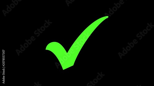 Green check mark tick icon animation. Right choice button symbol representing success, approval, yes, correct done on black background.