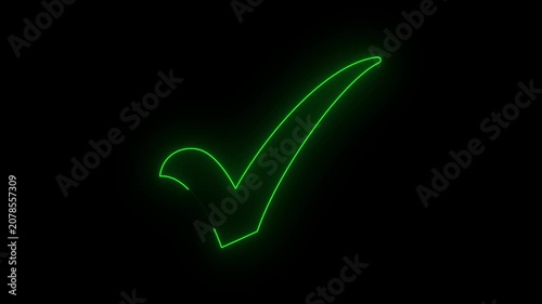 Glowing green neon check mark tick icon animation. Abstract line art success, correct answer 4k animation.