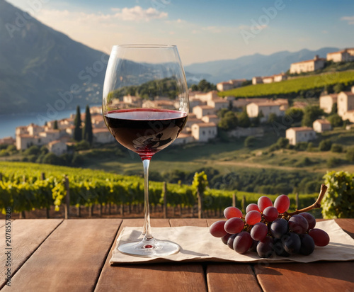 The wine glass is placed on the table.