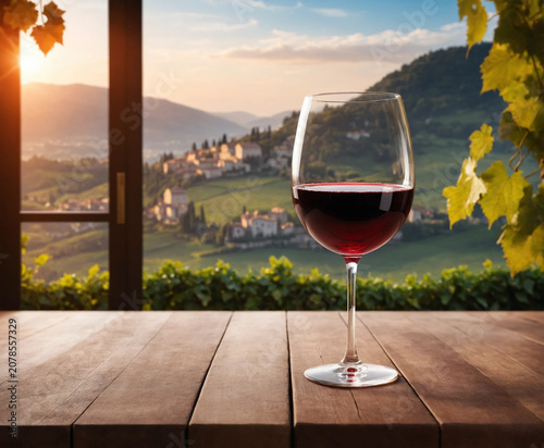 The wine glass is placed on the table.