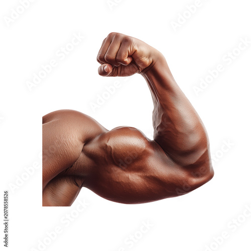 Closeup of a muscular man flexing his bicep isolated on transparent background